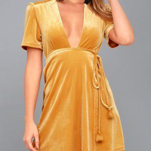 LUSH FOR LIFE GOLDEN YELLOW VELVET WRAP DRESS